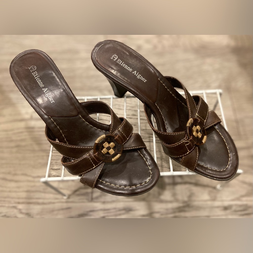 Etienne Aigner Dark Brown Leather Heeled sandals with Decorative Buckle